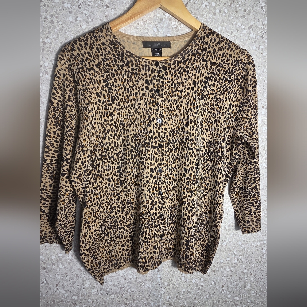 August Silk Womens Blouse Leopard Print Cardigan Sweater LG Button Down Top